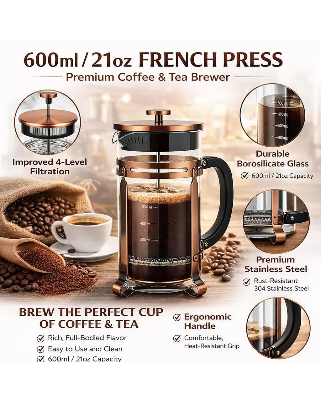 21oz Stainless Steel Glass French Press A2345