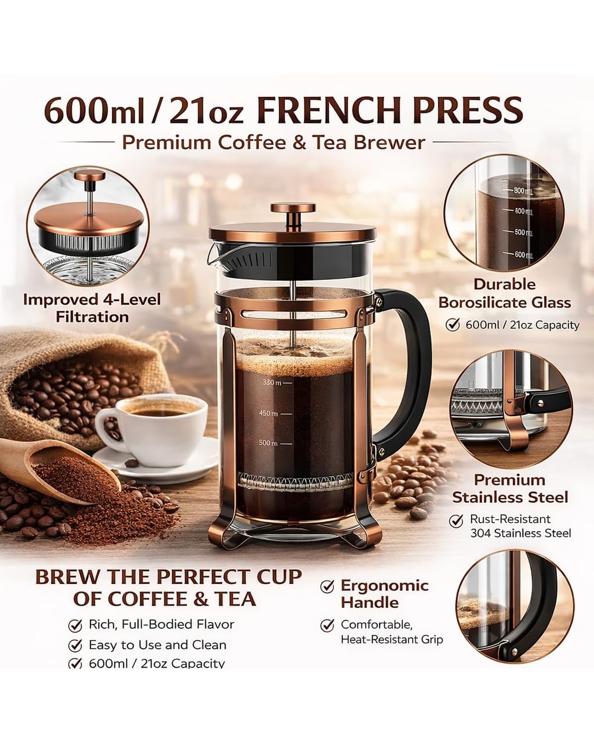 21oz Stainless Steel Glass French Press A2345