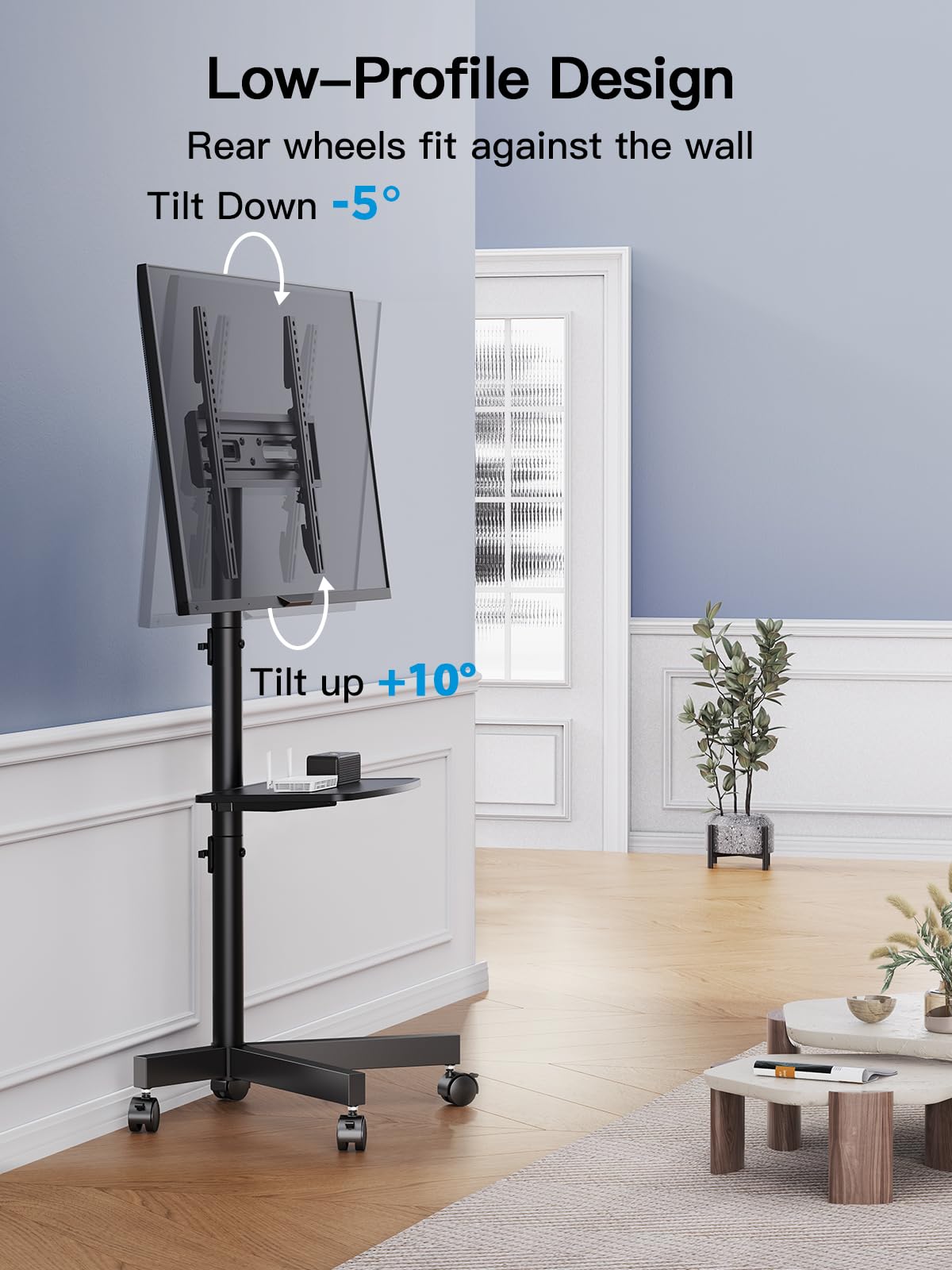 Rolling TV Stand on Wheels for 23-65 Inch TVs, Tilt Mobile TV Cart Holds up to 99 lbs with Adjustable Height Shelf E103