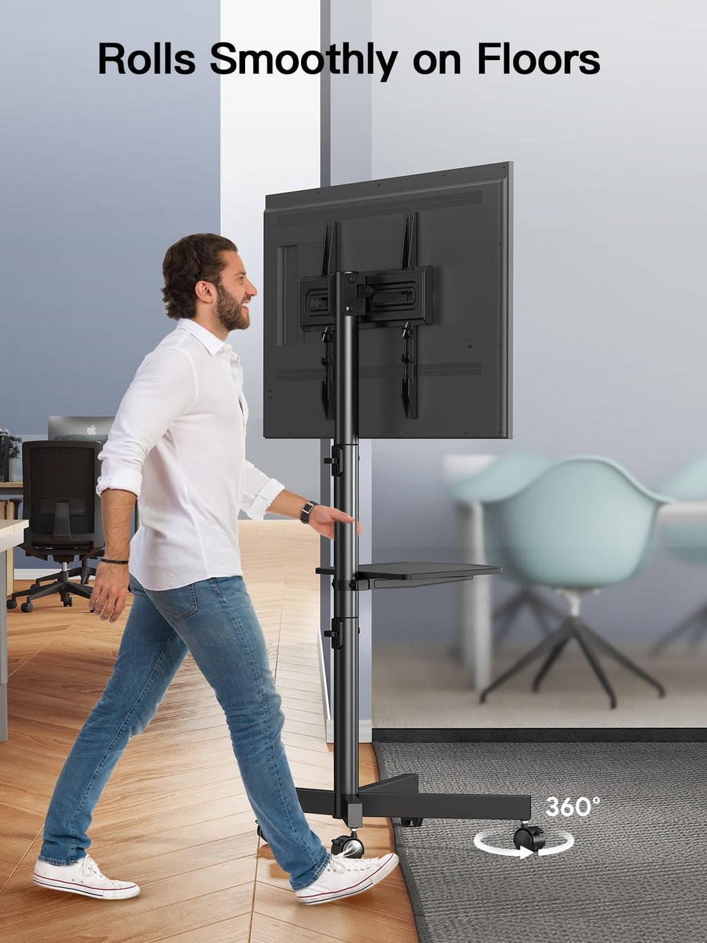 Rolling TV Stand on Wheels for 23-65 Inch TVs, Tilt Mobile TV Cart Holds up to 99 lbs with Adjustable Height Shelf E103