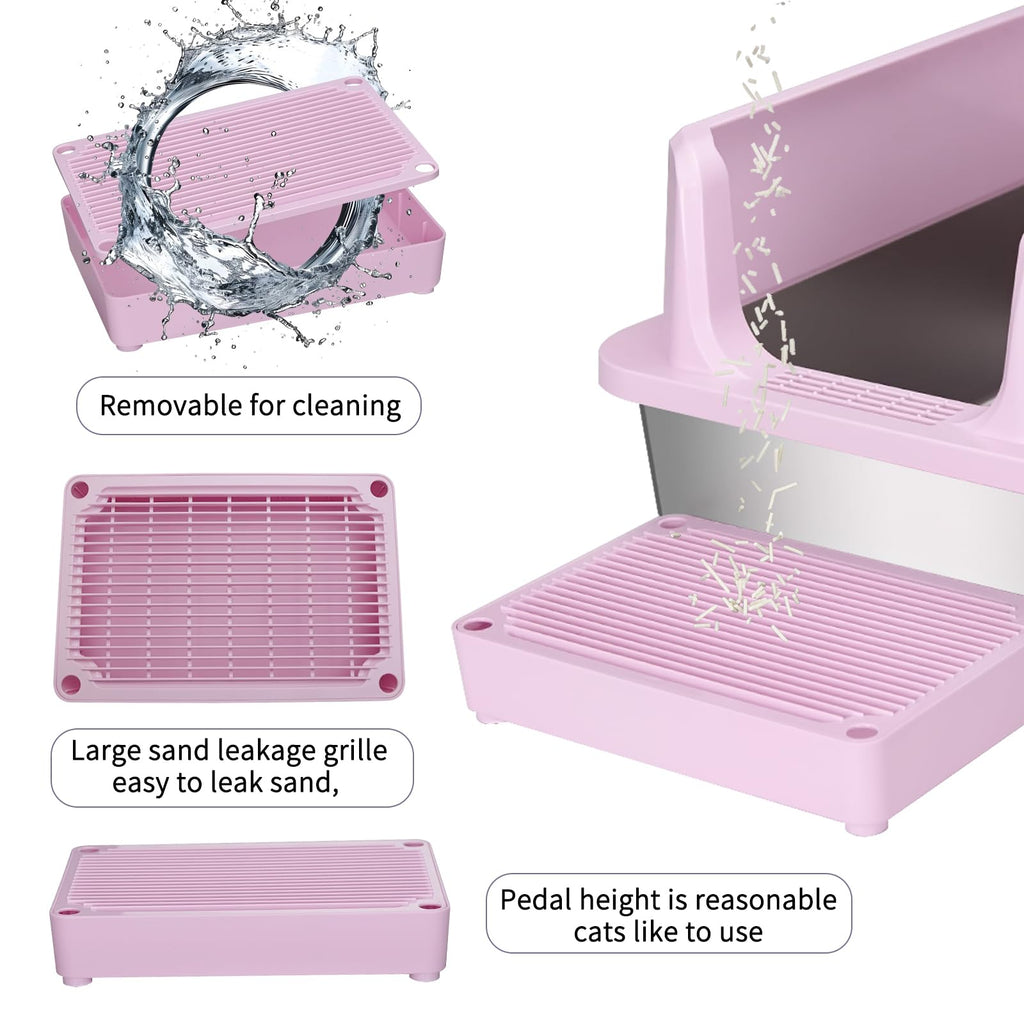 Open Cat Litter Box Stainless Steel High Walls with Scoop Q58363