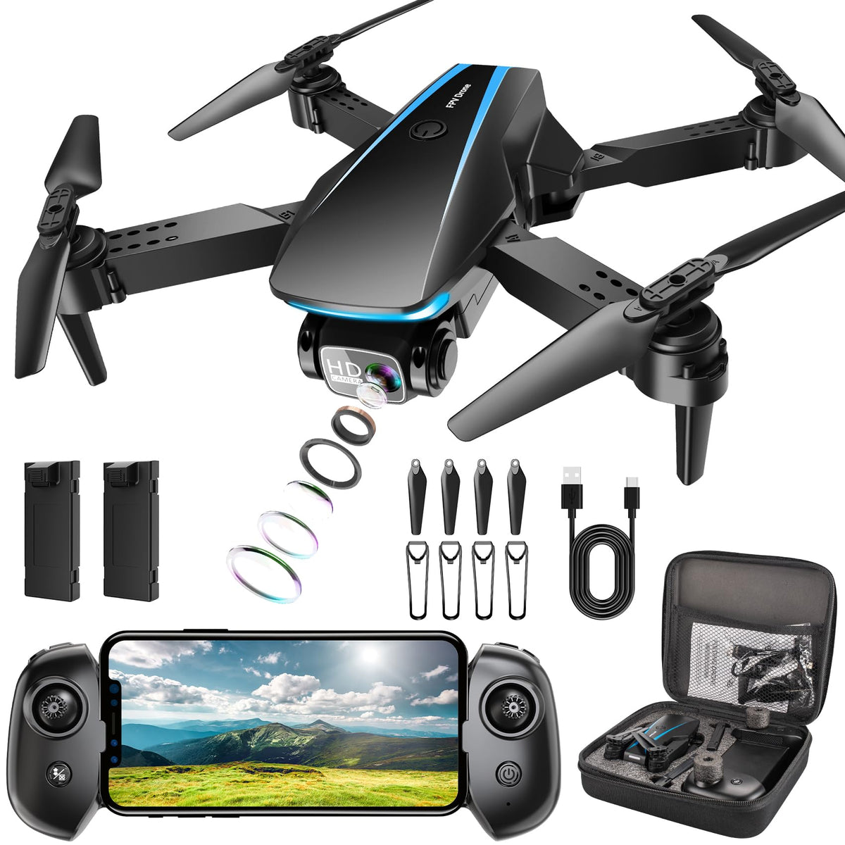1080P HD Foldable Drone with Camera, 2 Batteries, Carrying Case T738630