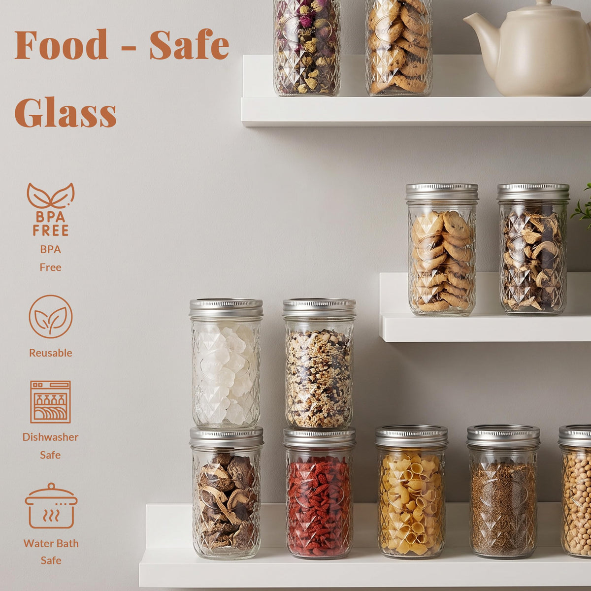 12 Pack 12oz Regular Mouth Glass Jars With Lids V9366