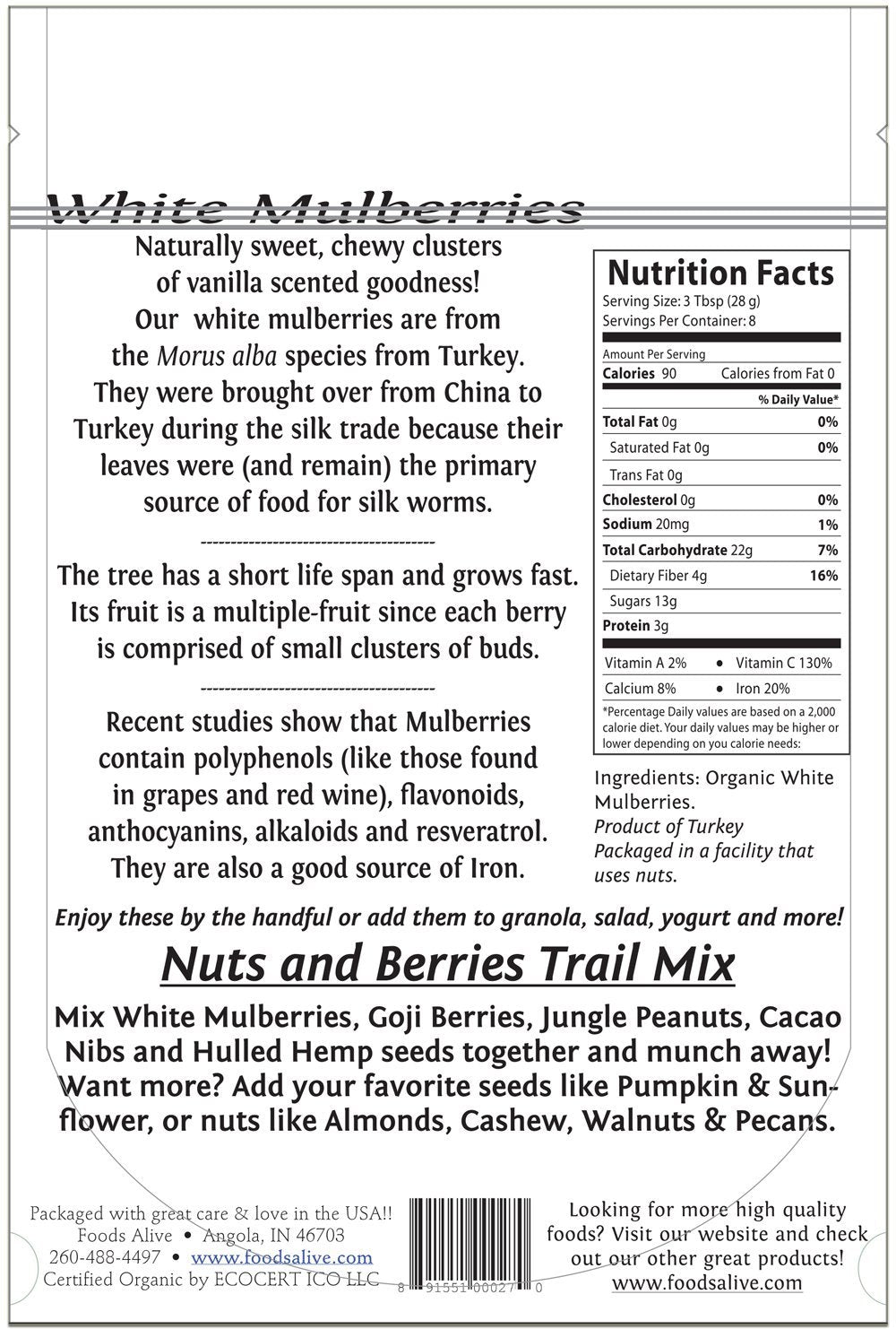 Organic White Mulberries Dried 8 oz X5122