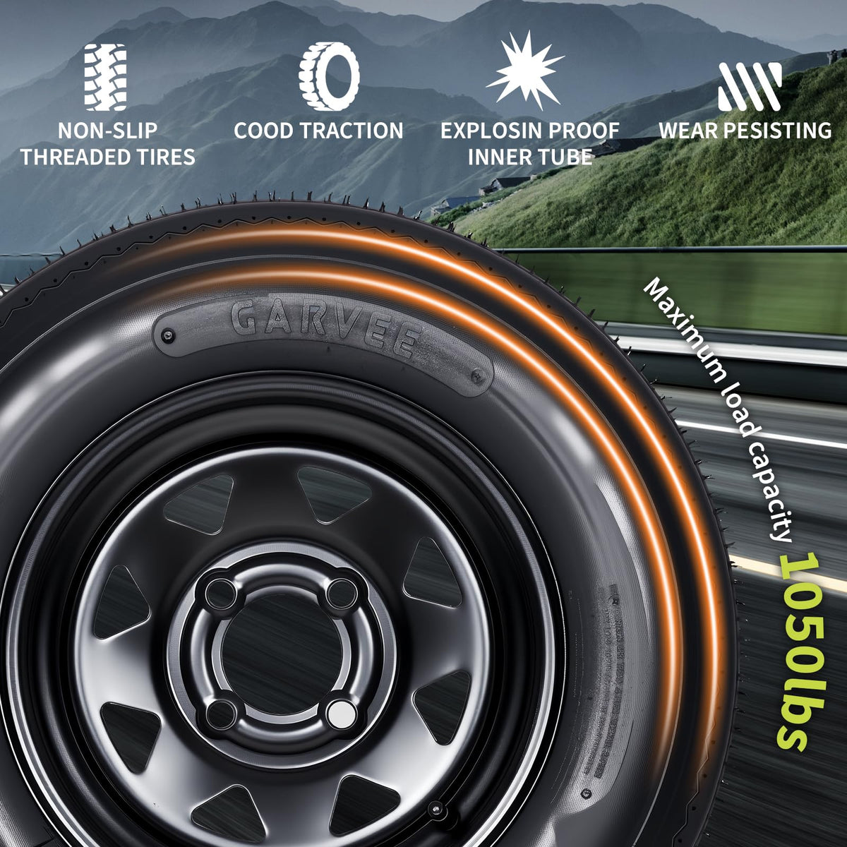 Set of 2 5.30-12 Trailer Tires with 12" Black Rims, 4 Lug on 4" Bolt Pattern, Load Range C 6PR B829