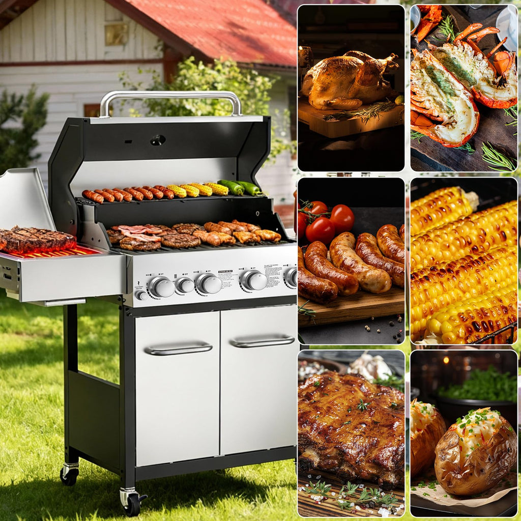 4 Burner Gas Grill with Side Burner and Wheels T884768