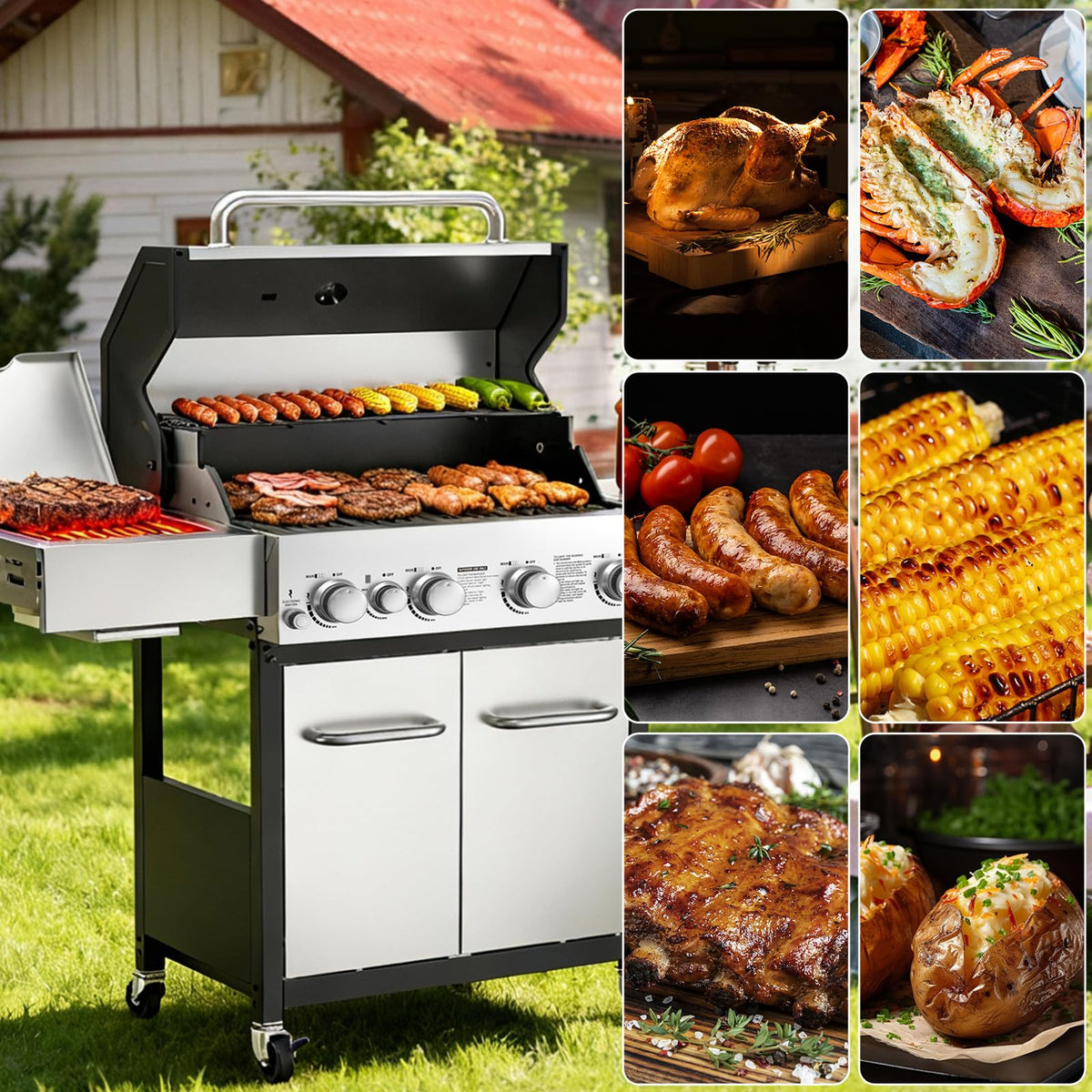 4 Burner Gas Grill with Side Burner and Wheels T884768