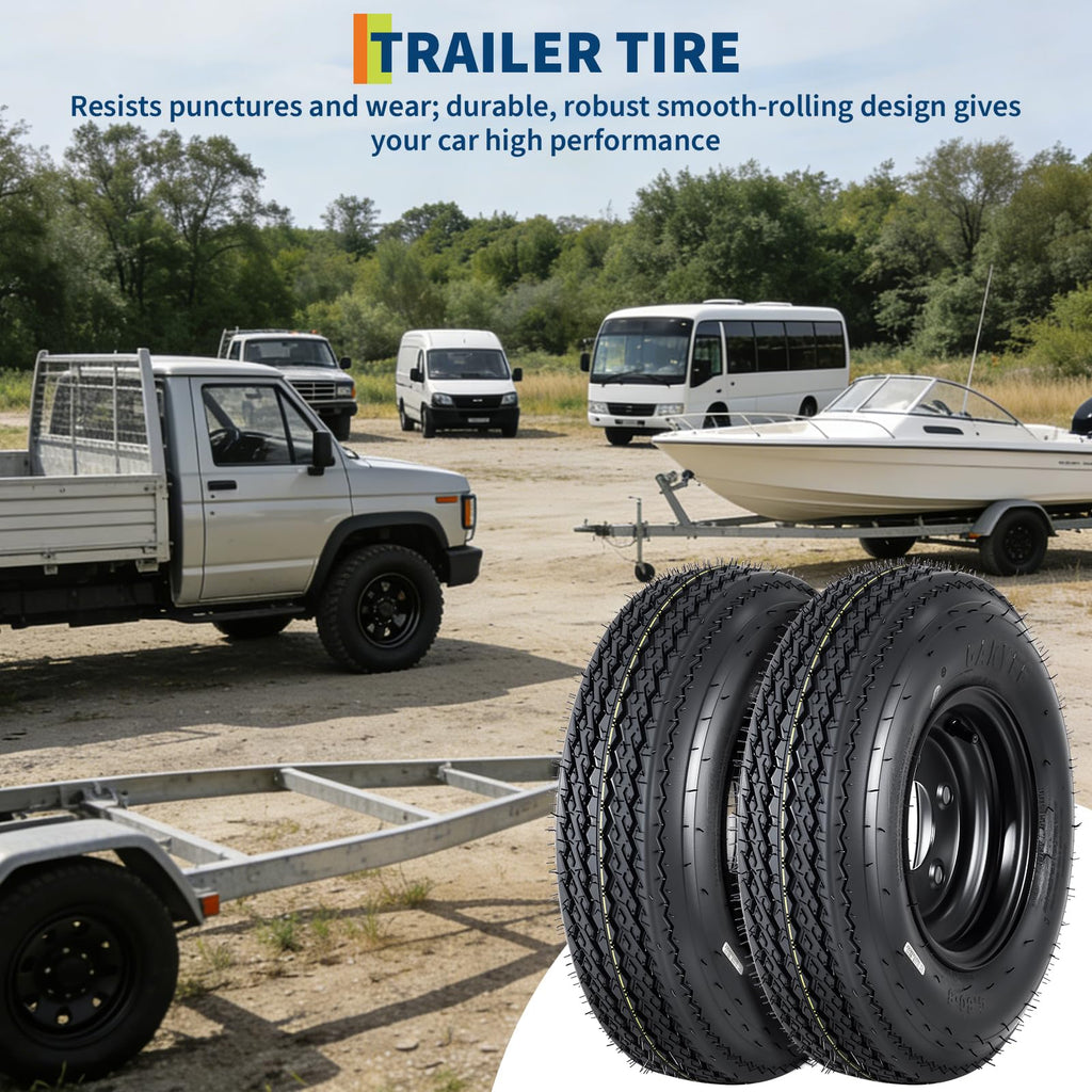Set of 2 5.30-12 Trailer Tires with 12" Black Rims, 4 Lug on 4" Bolt Pattern, Load Range C 6PR B829