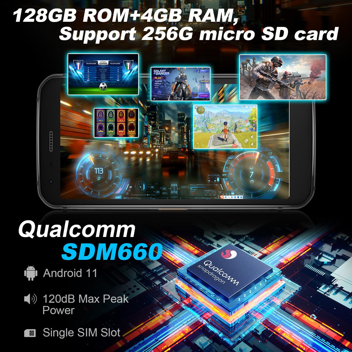 Unlocked Rugged Cell Phone 128GB IP68 Waterproof Android Smartphone Black X5568
