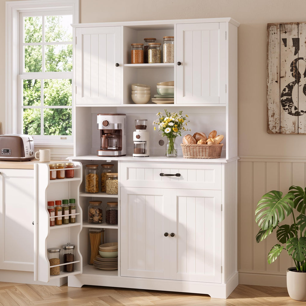 Tall White Kitchen Storage Cabinet with Door and Shelves O93141