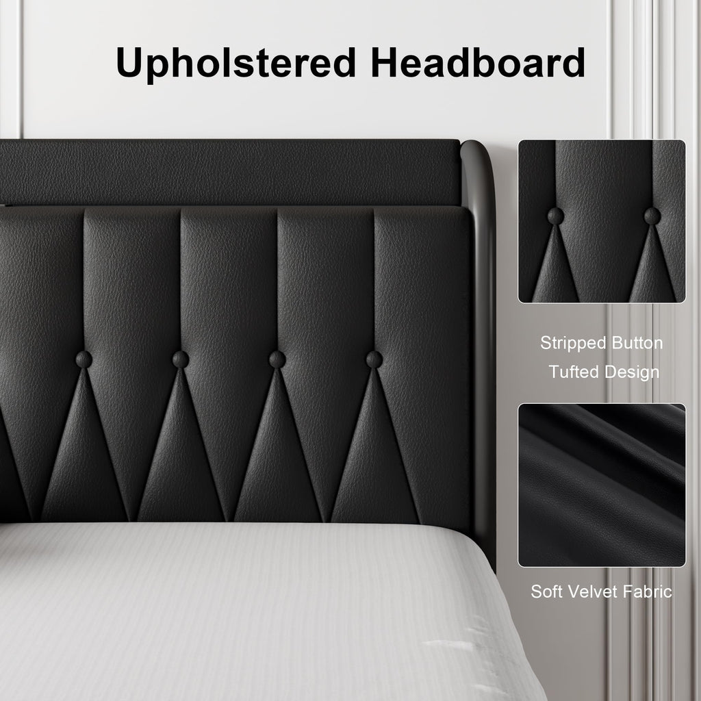 Black Leather Full Size Bed Frame with Charging Station S77685