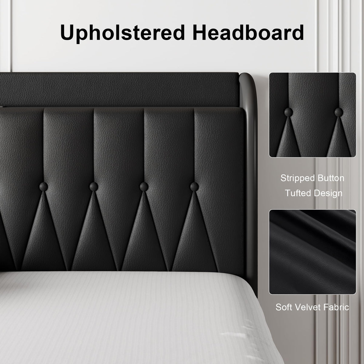 Black Leather Full Size Bed Frame with Charging Station S77685
