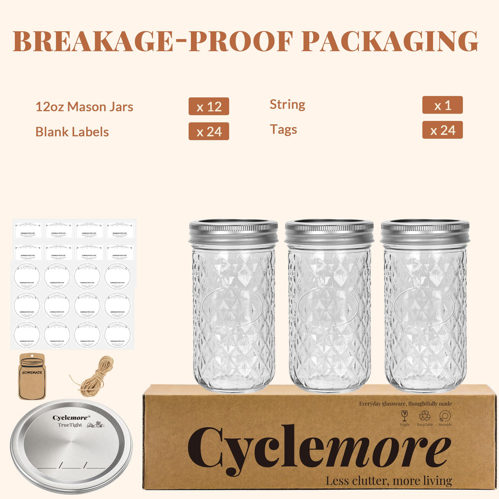 12 Pack 12oz Regular Mouth Glass Jars With Lids V9366