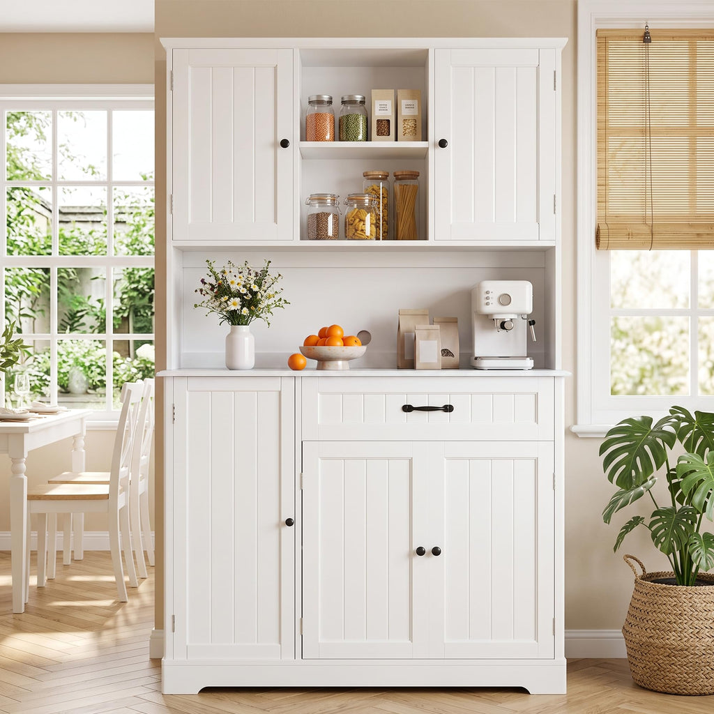 Tall White Kitchen Storage Cabinet with Door and Shelves O93141