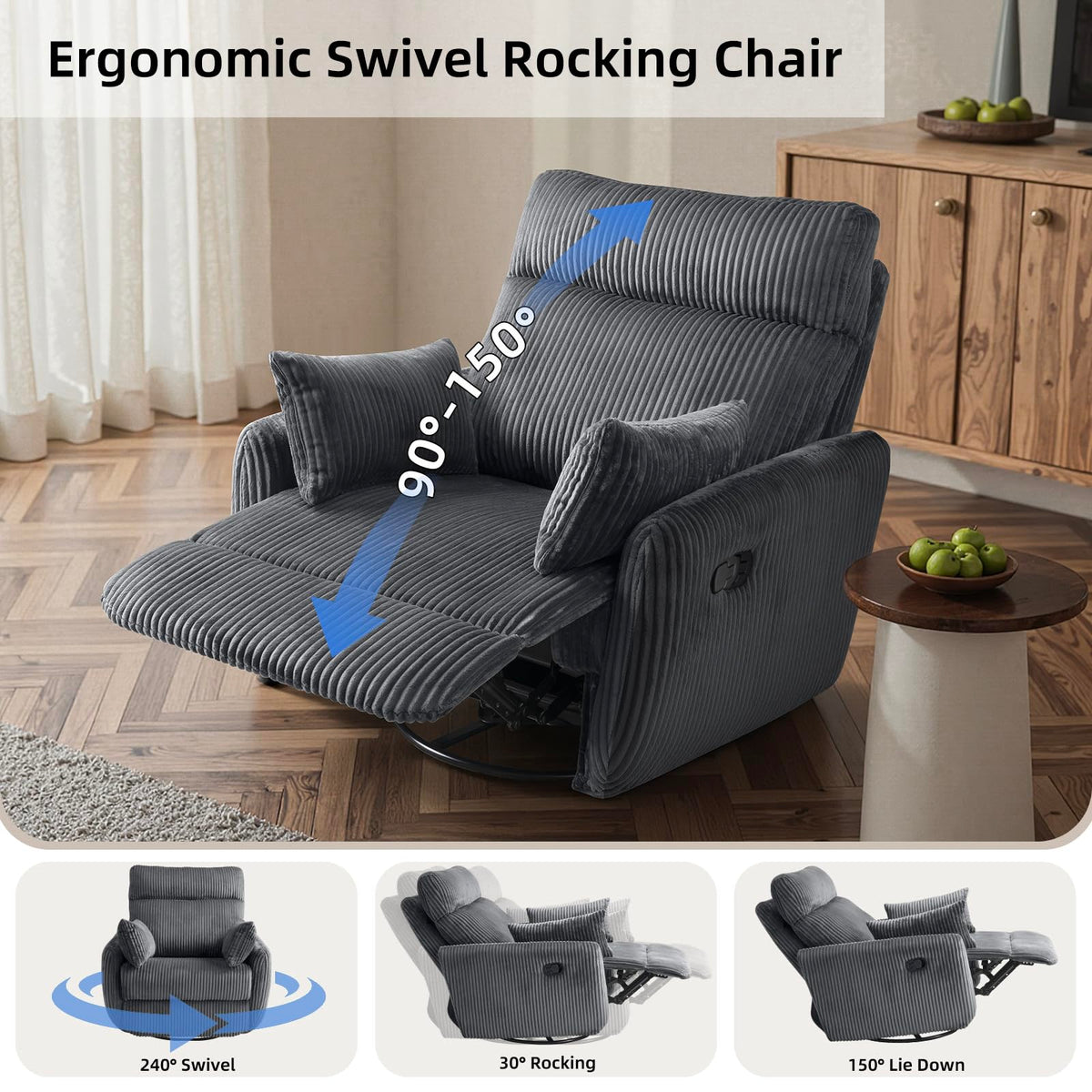 Gray Corduroy Swivel Recliner Chair U238112