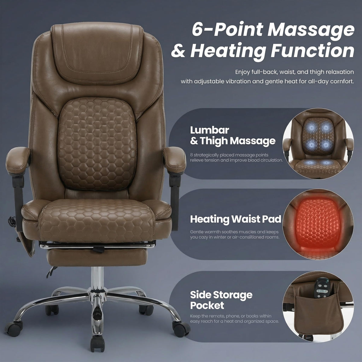 Brown Massage Office Chair with Heat and Footrest I30866