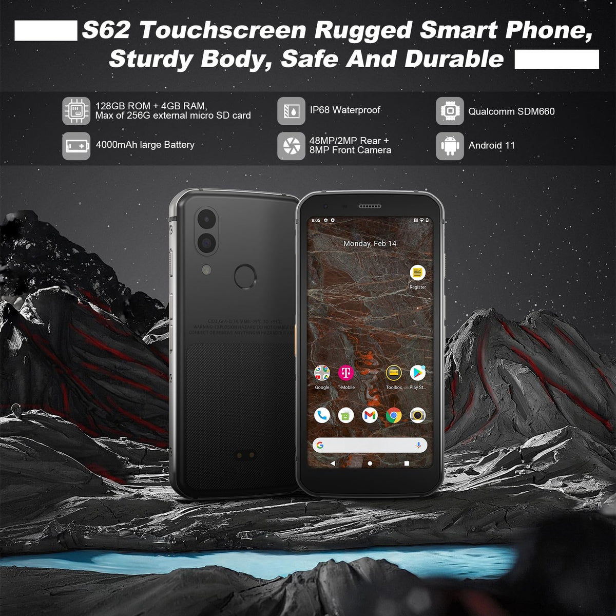 Unlocked Rugged Cell Phone 128GB IP68 Waterproof Android Smartphone Black X5568