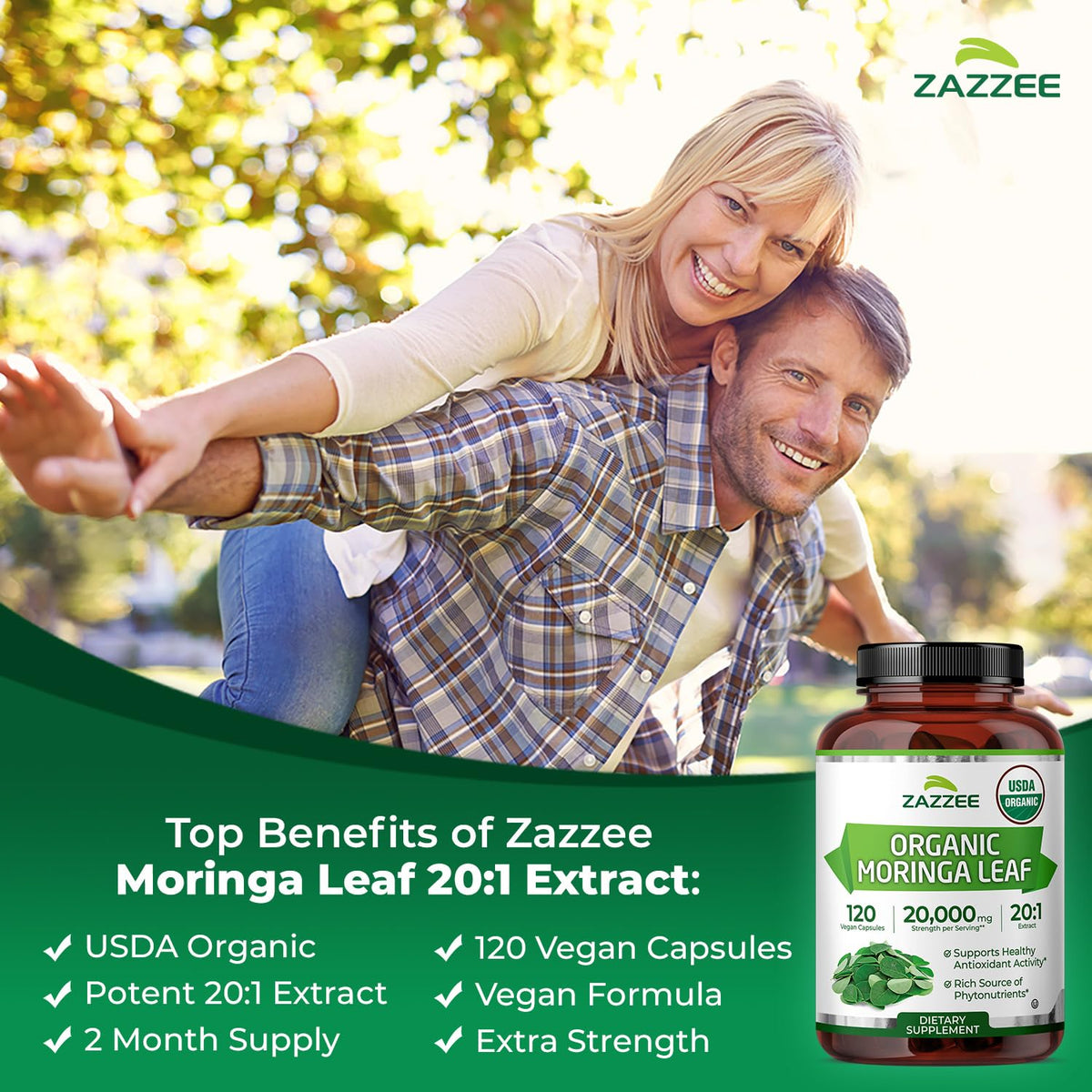 USDA Organic Moringa Leaf 20:1 Extract 120 Vegan Capsules R640