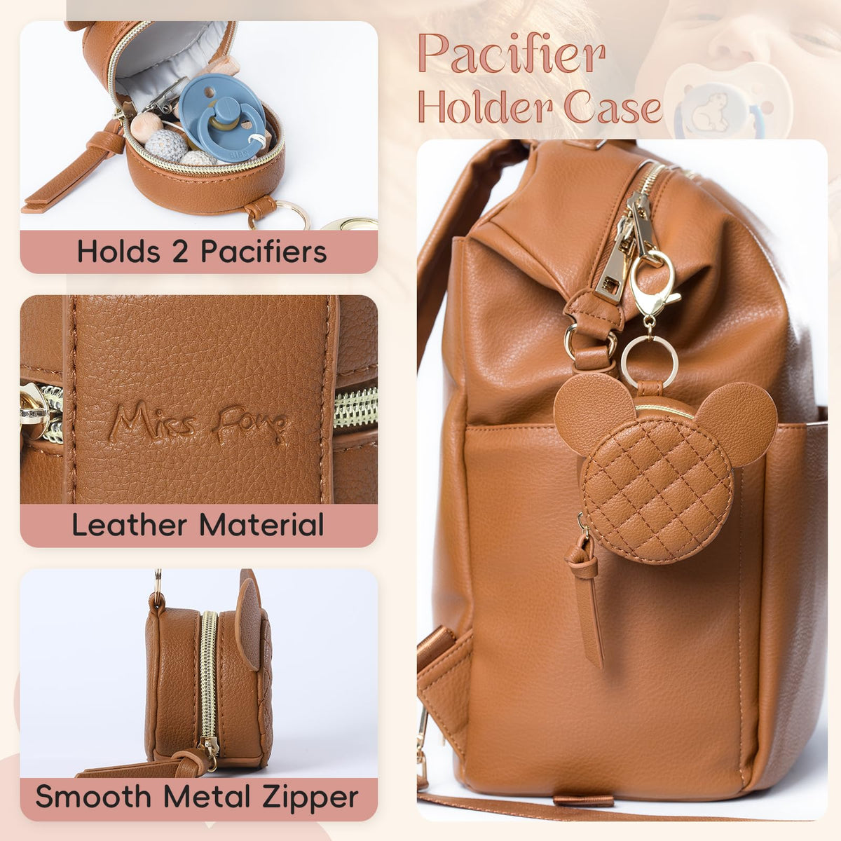 Leather Diaper Bag Backpack with Pacifier Case T659