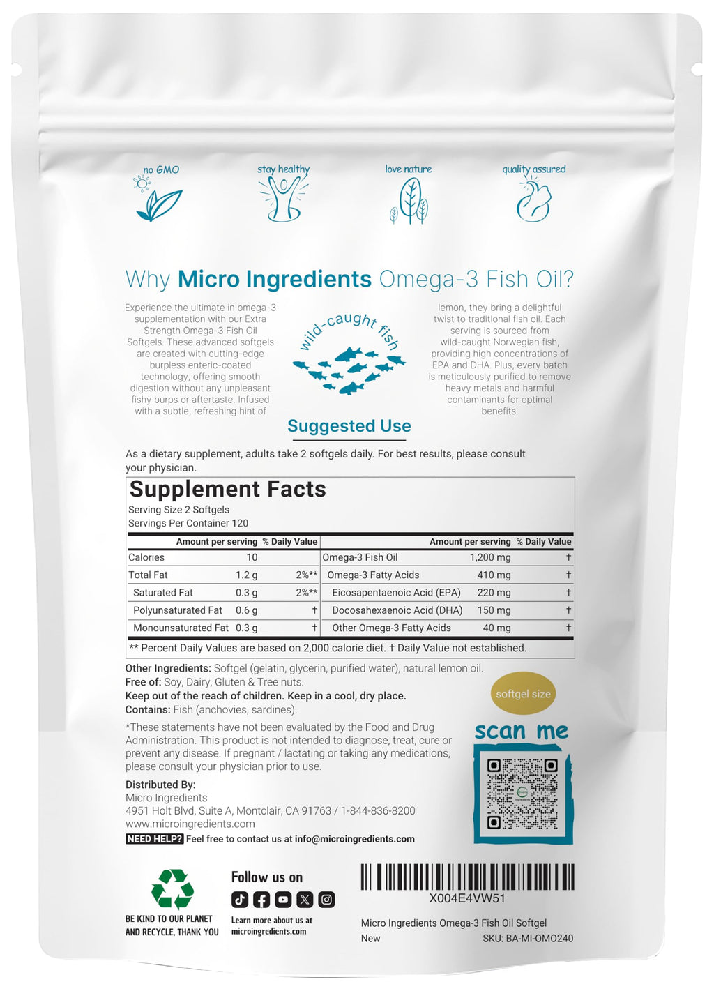 Omega 3 Fish Oil 1,200mg 240 Softgels Lemon Flavored Burpless EPA DHA C934