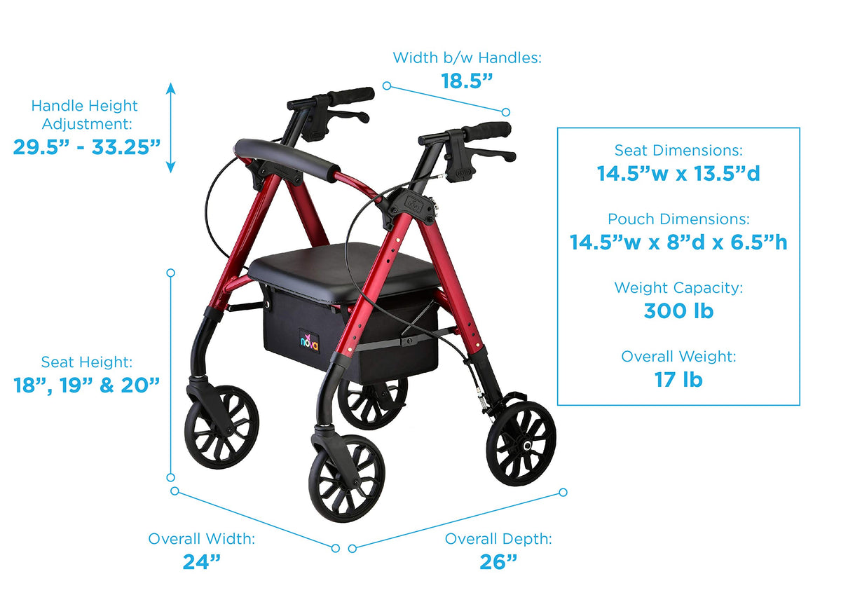 Red 8" Wheel Rollator Walker with Padded Seat M1574
