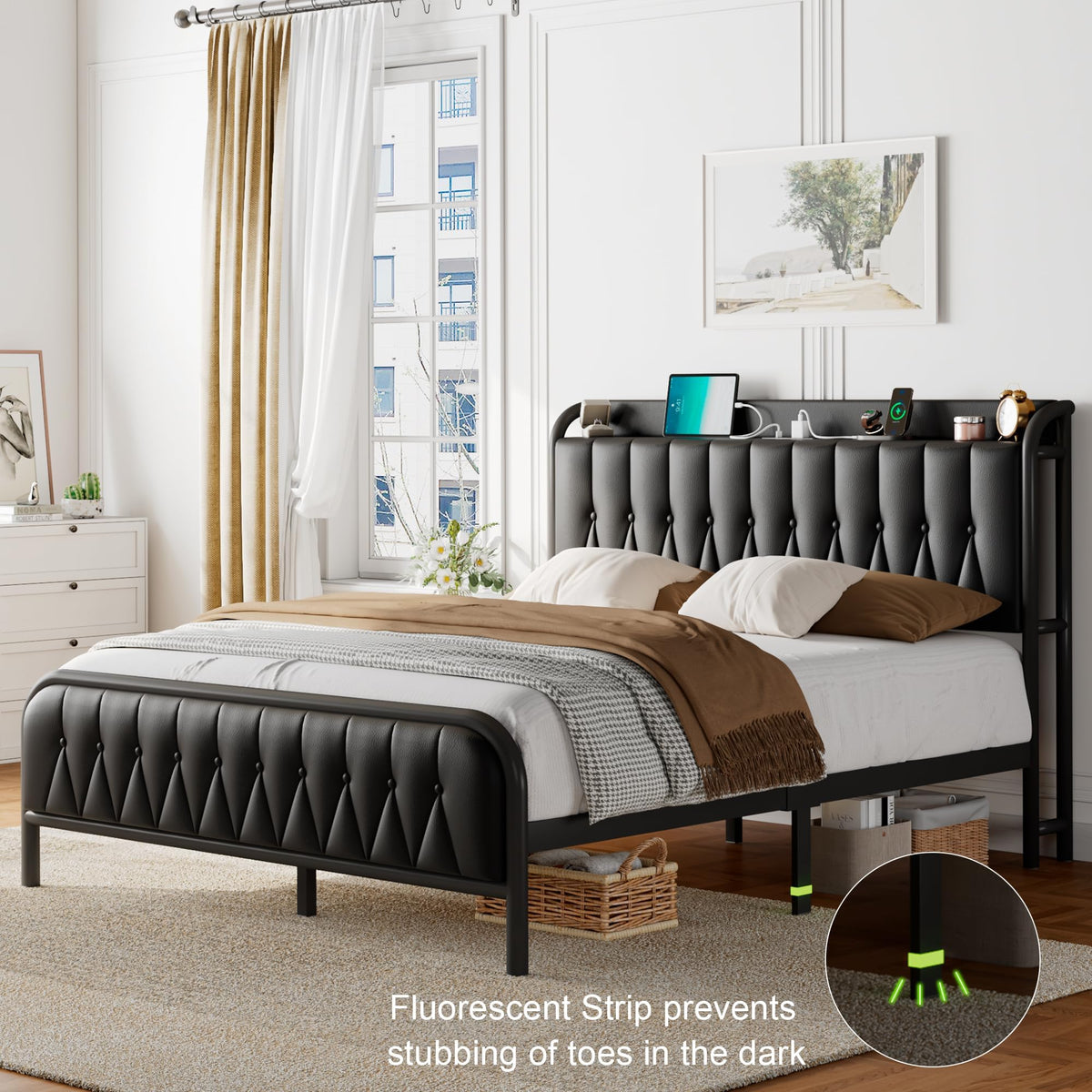 Black Leather Full Size Bed Frame with Charging Station S77685