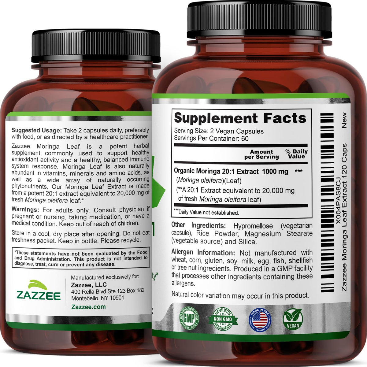 USDA Organic Moringa Leaf 20:1 Extract 120 Vegan Capsules R640