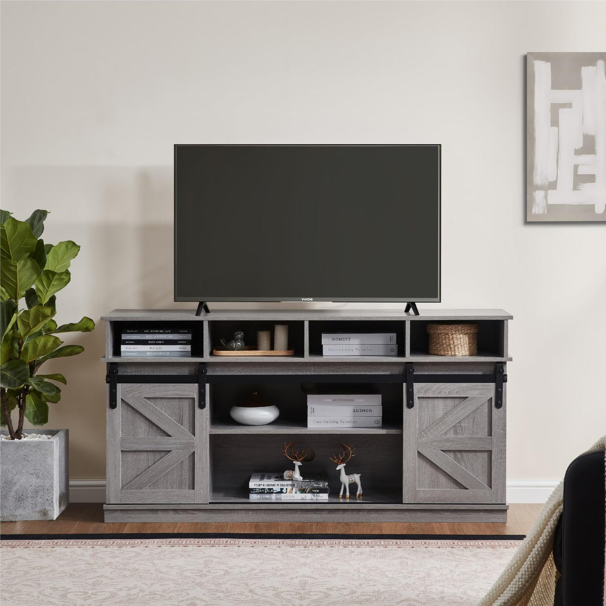 58" Grey Wood TV Stand with Sliding Barn Doors O37507