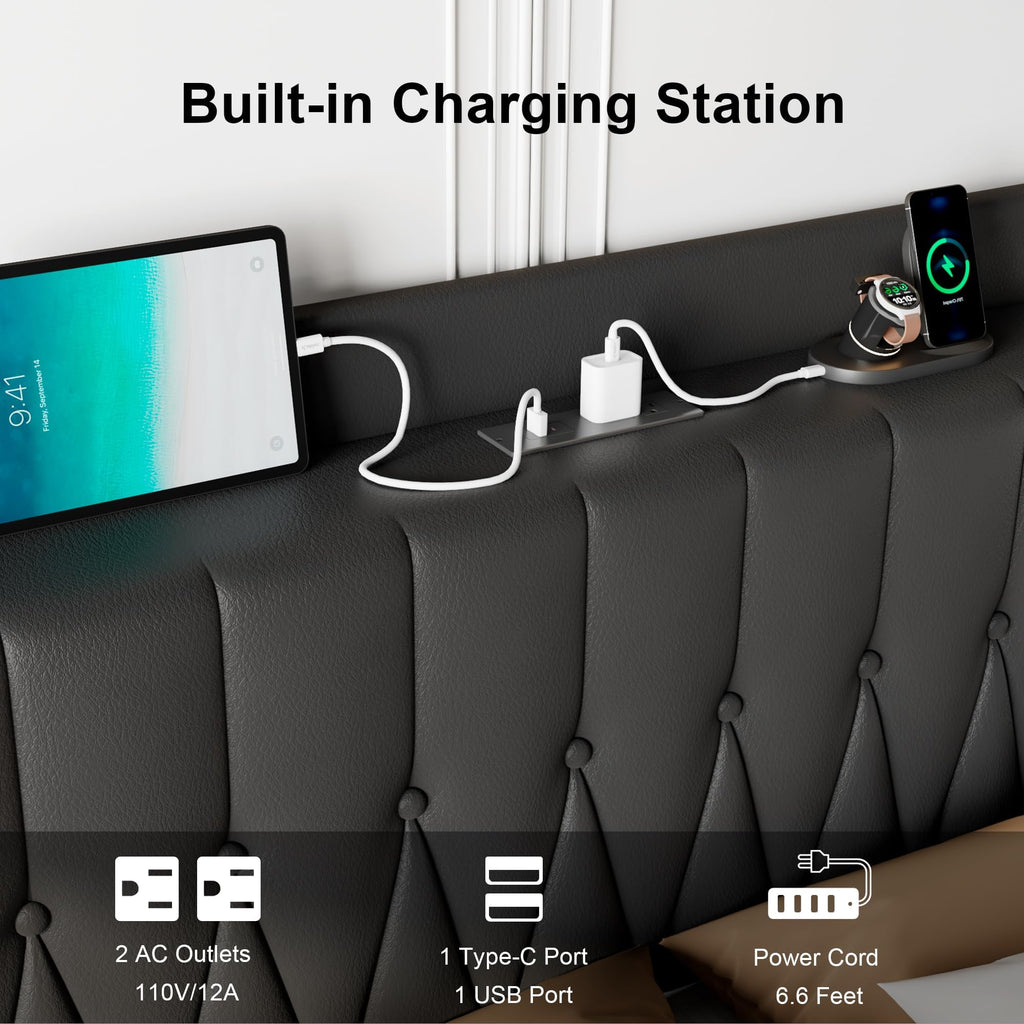 Black Leather Full Size Bed Frame with Charging Station S77685