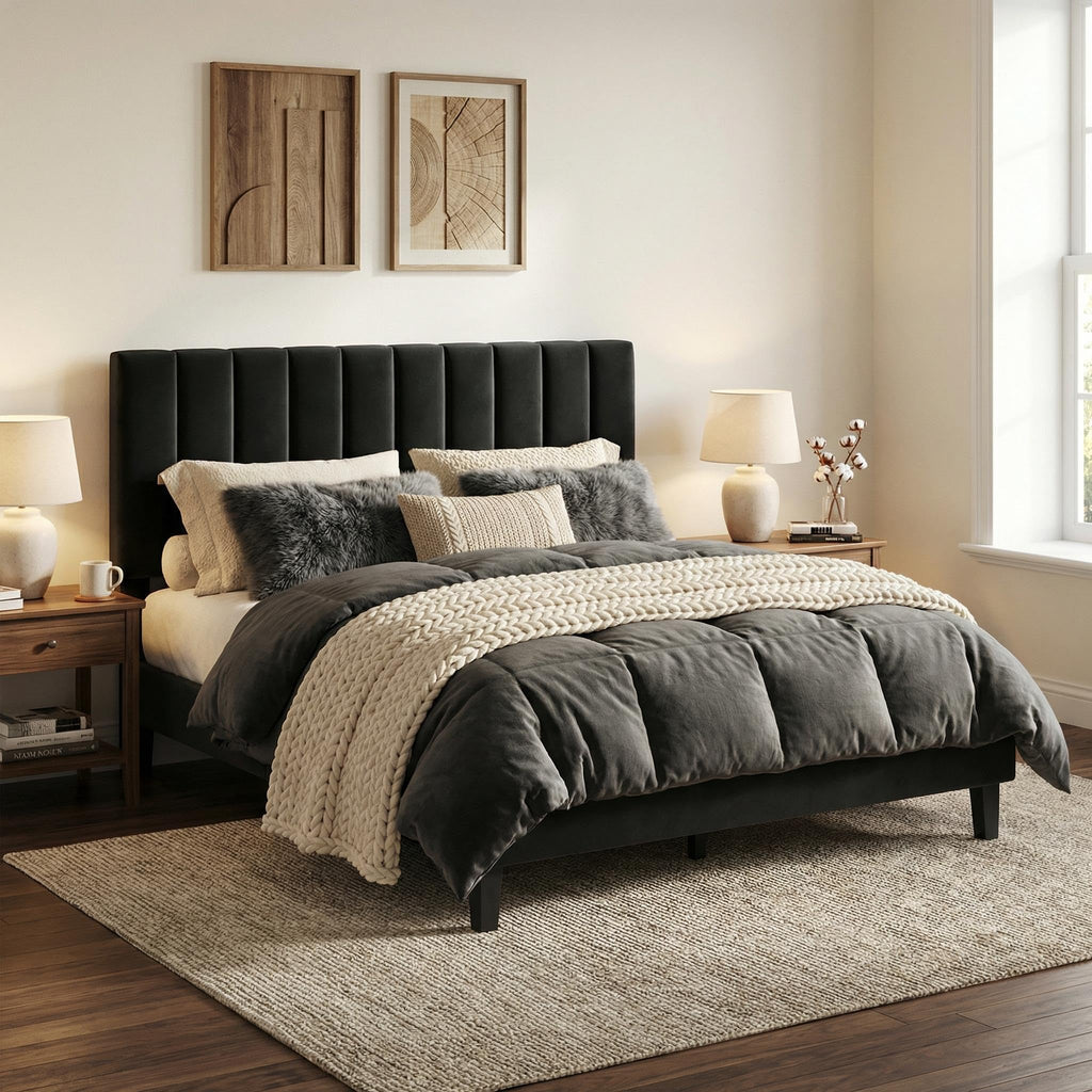 Queen Size Platform Bed Frame with Upholstered Headboard K890