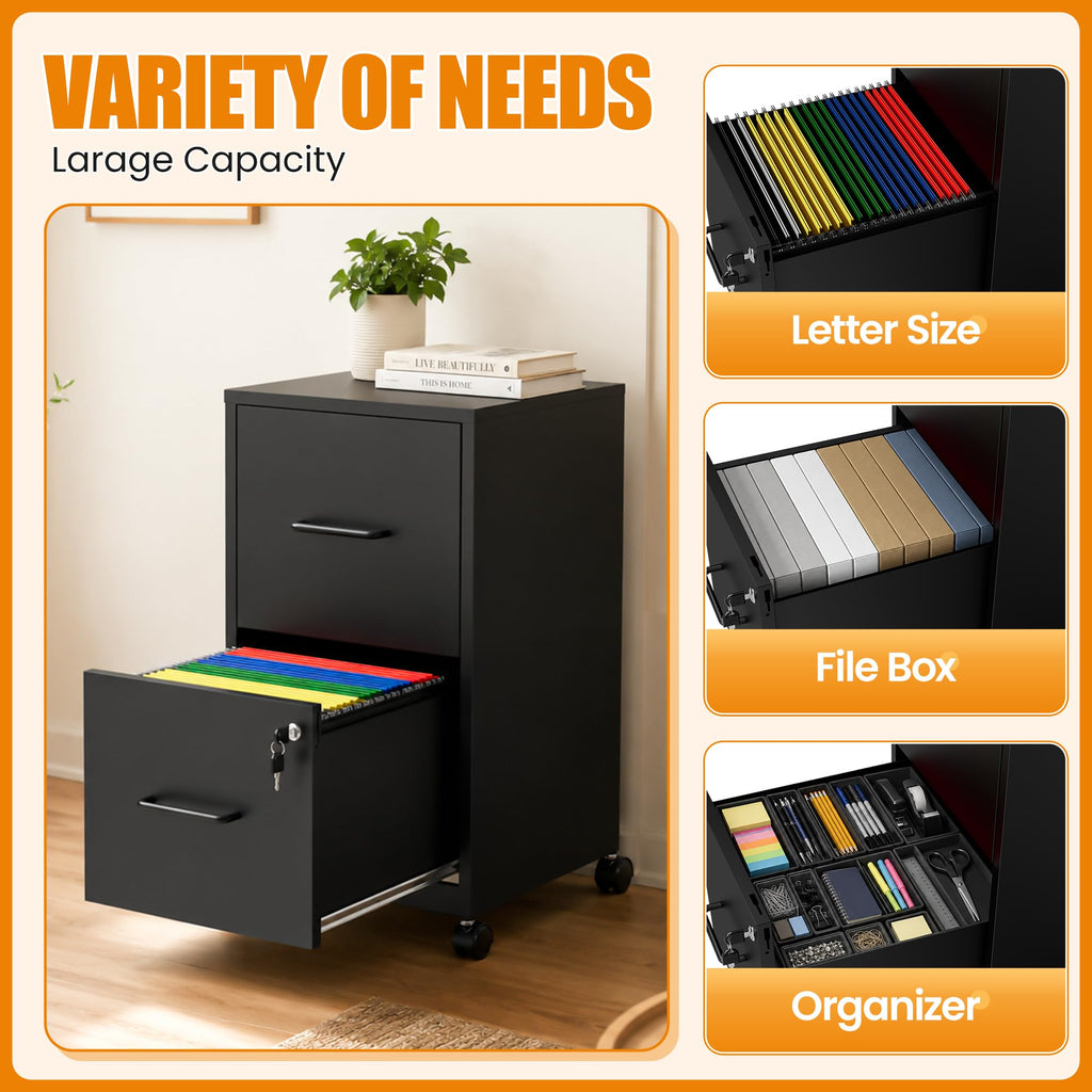 Black 2 Drawer Metal File Cabinet with Wheels and Lock C6947