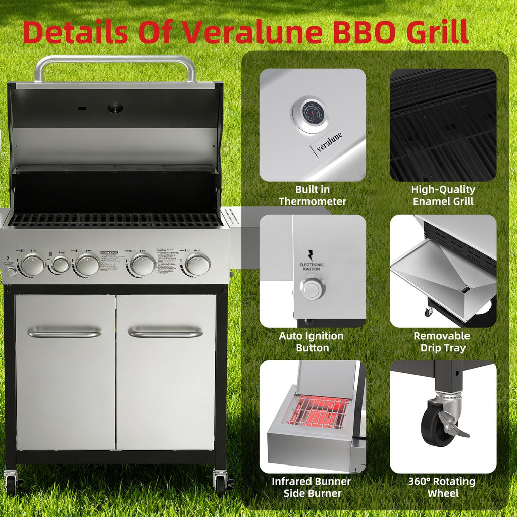 4 Burner Gas Grill with Side Burner and Wheels T884768