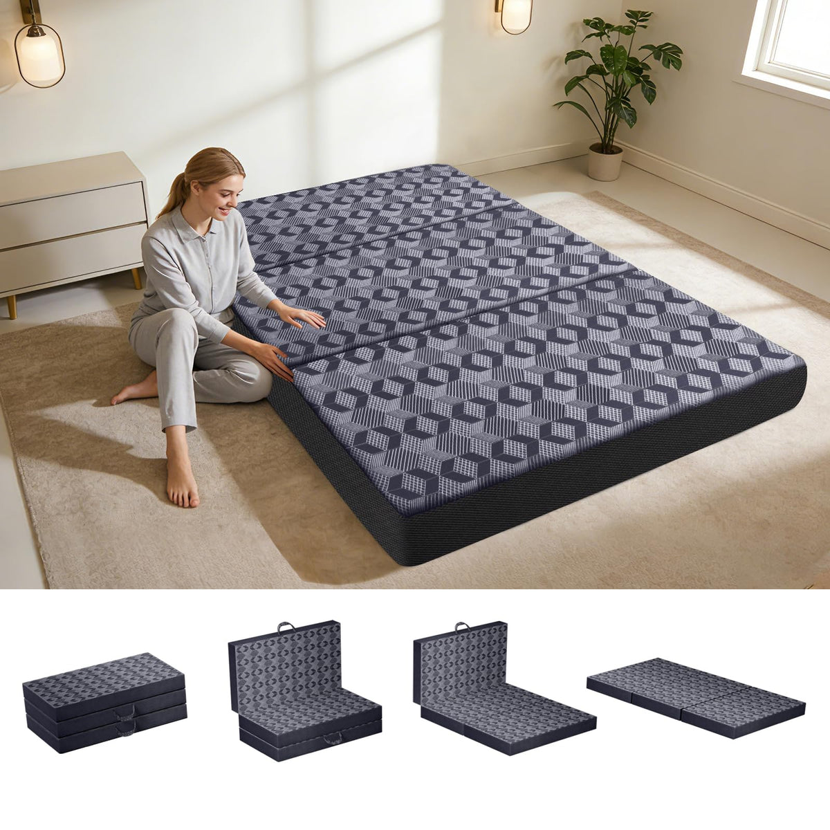 Queen Size 6 Inch Tri-Fold Mattress with Washable Cover X120942