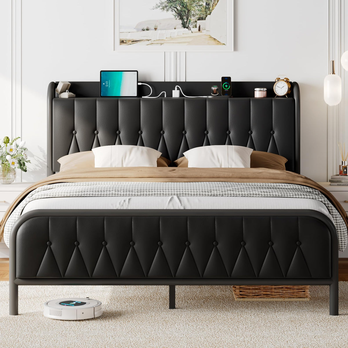 Black Leather Full Size Bed Frame with Charging Station S77685