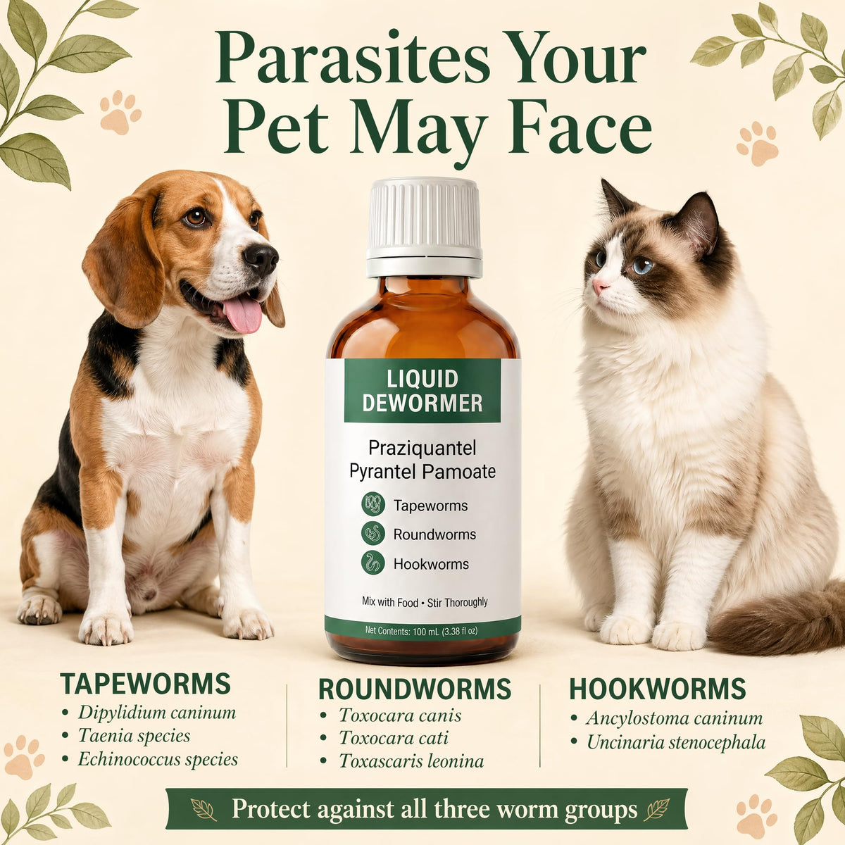 Liquid Dewormer, Praziquantel & Pyrantel Pamoate, 3.38 fl oz W536