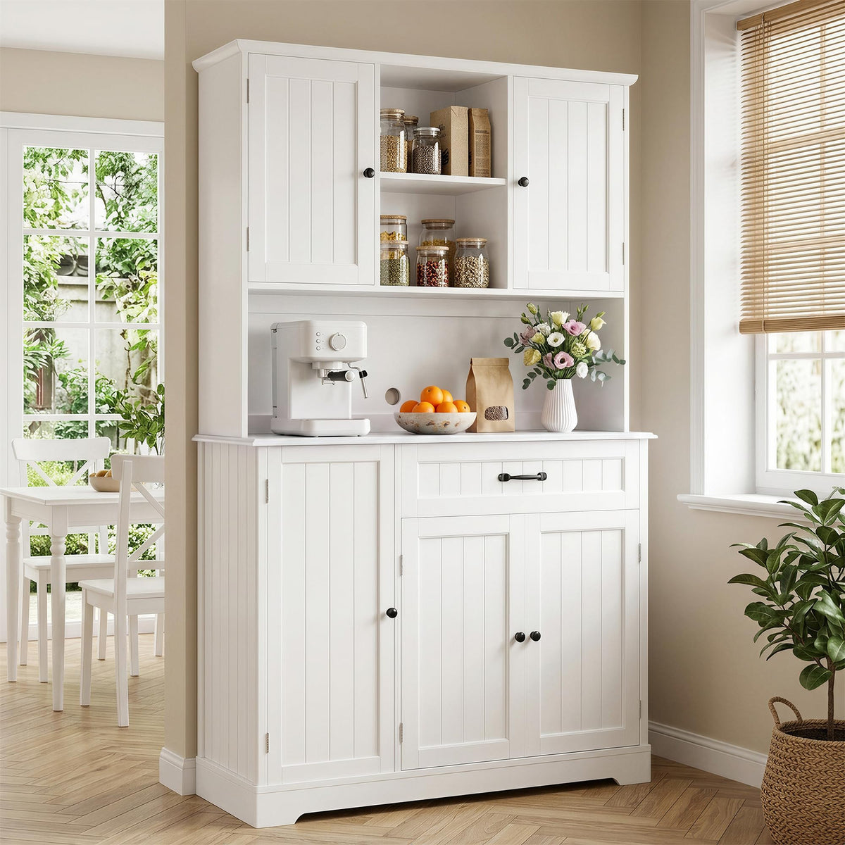 Tall White Kitchen Storage Cabinet with Door and Shelves O93141