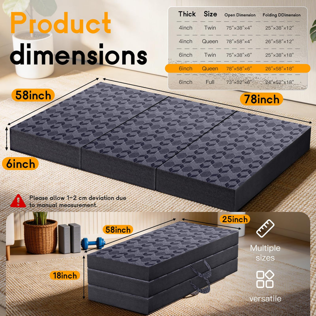 Queen Size 6 Inch Tri-Fold Mattress with Washable Cover X120942