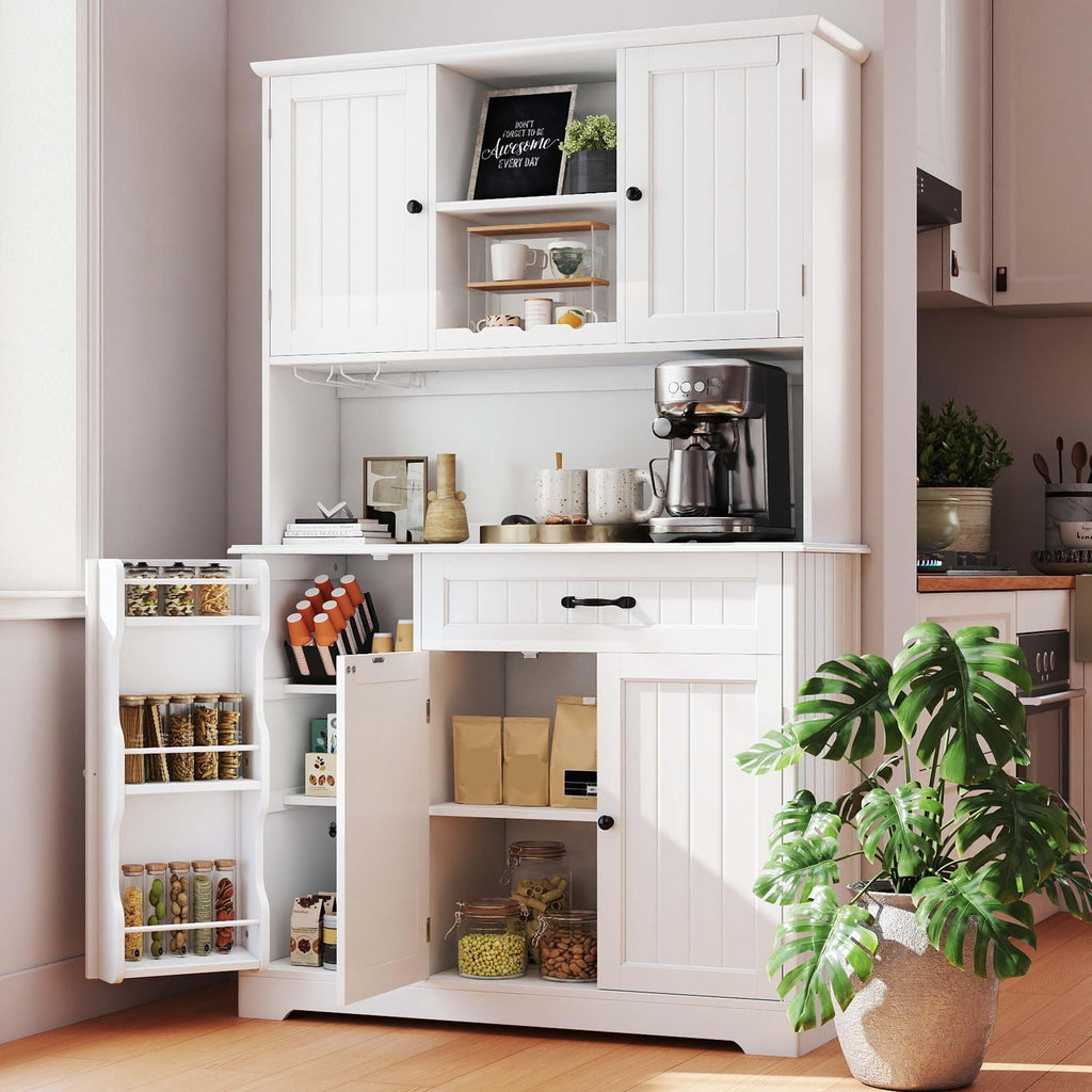 Tall White Kitchen Storage Cabinet with Door and Shelves O93141