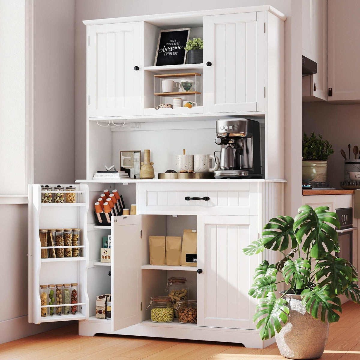 Tall White Kitchen Storage Cabinet with Door and Shelves O93141