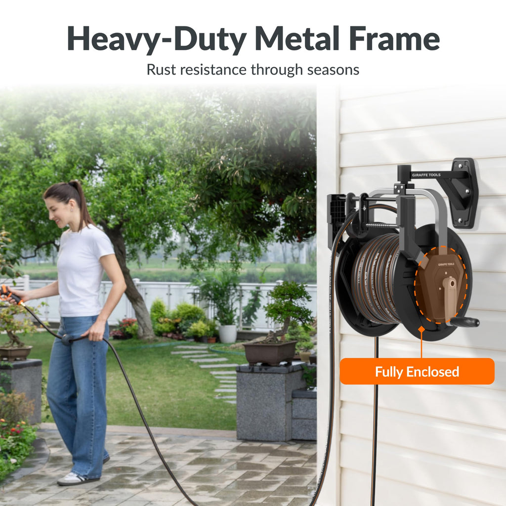 Garden Hose Reel Wall Mount, 125FT 5/8" Hose Capacity, Heavy Duty with Crank Q183