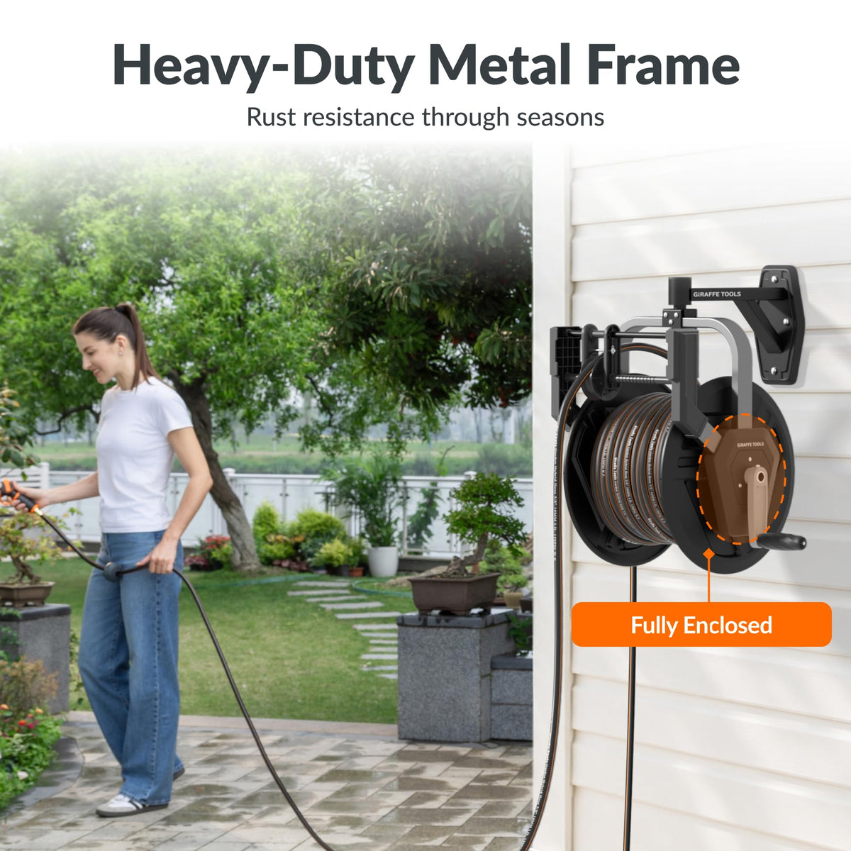 Garden Hose Reel Wall Mount, 125FT 5/8" Hose Capacity, Heavy Duty with Crank Q183
