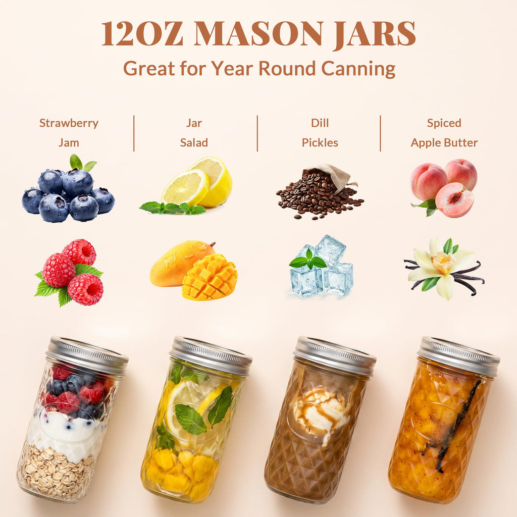 12 Pack 12oz Regular Mouth Glass Jars With Lids V9366