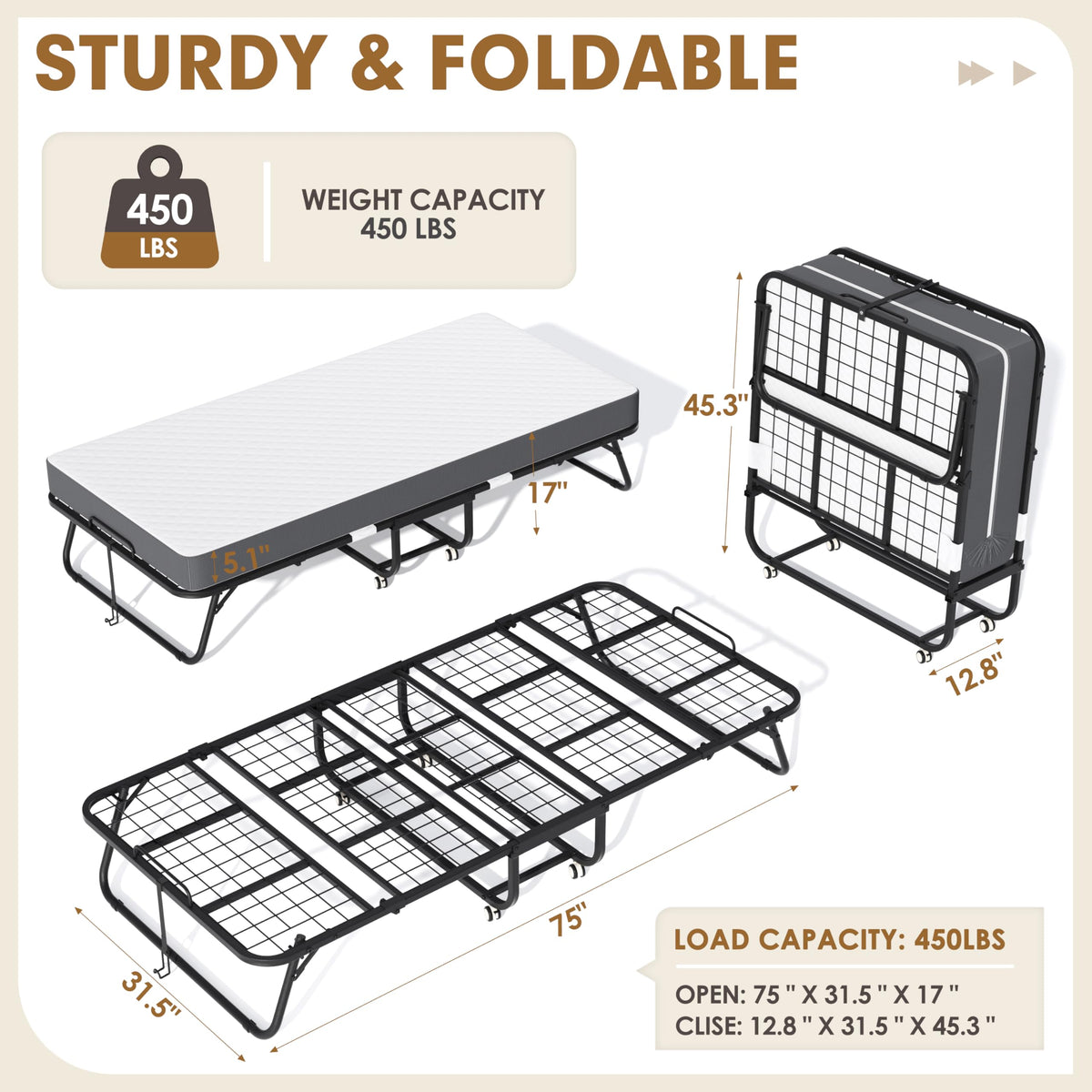Folding Bed with Mattress, Portable Roll Away Bed, 75" x 31" Y8776