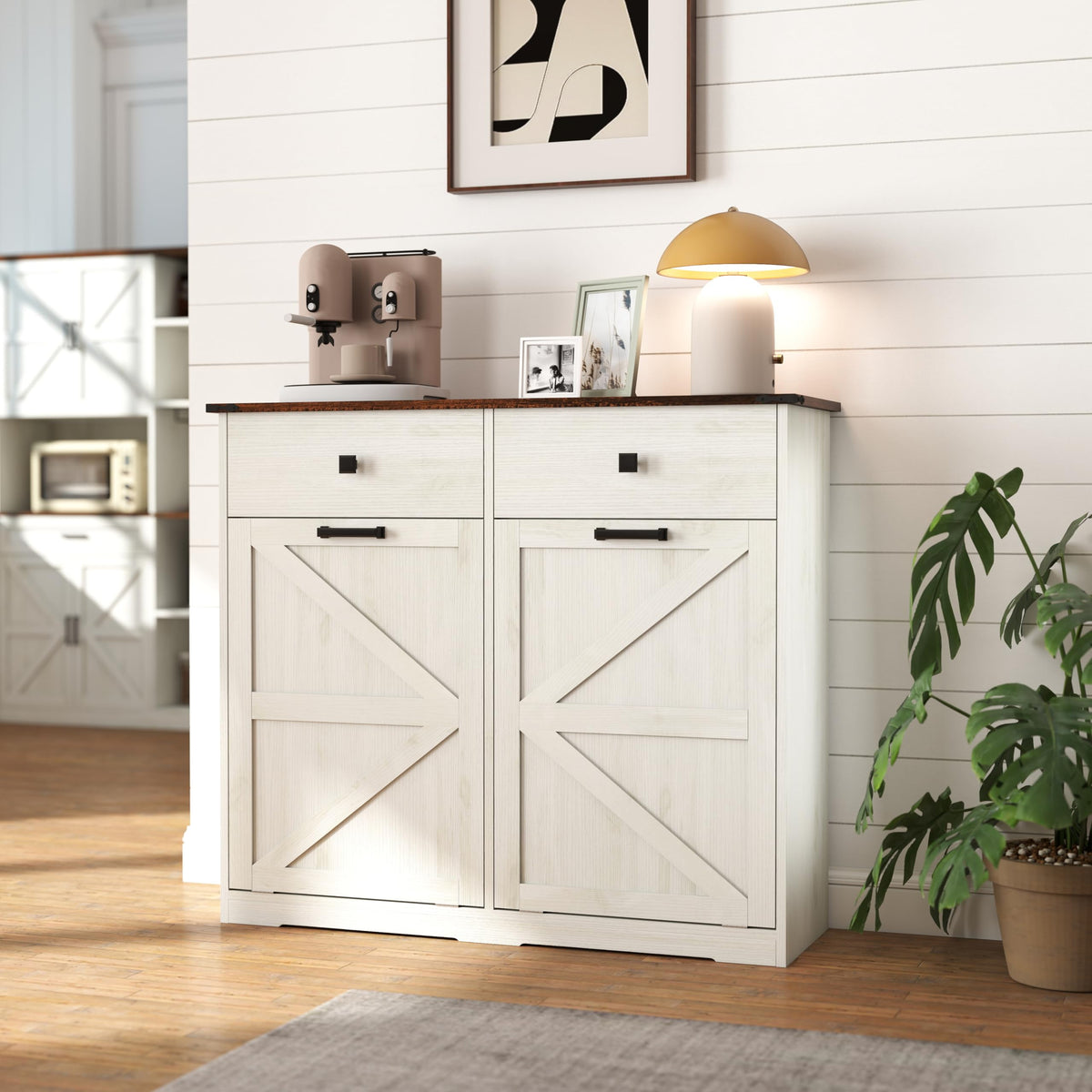 Antique White Double Tilt Out Trash Cabinet with 2 Drawers F42833