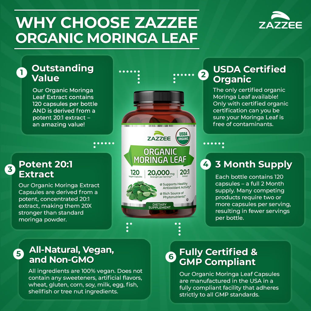 USDA Organic Moringa Leaf 20:1 Extract 120 Vegan Capsules R640