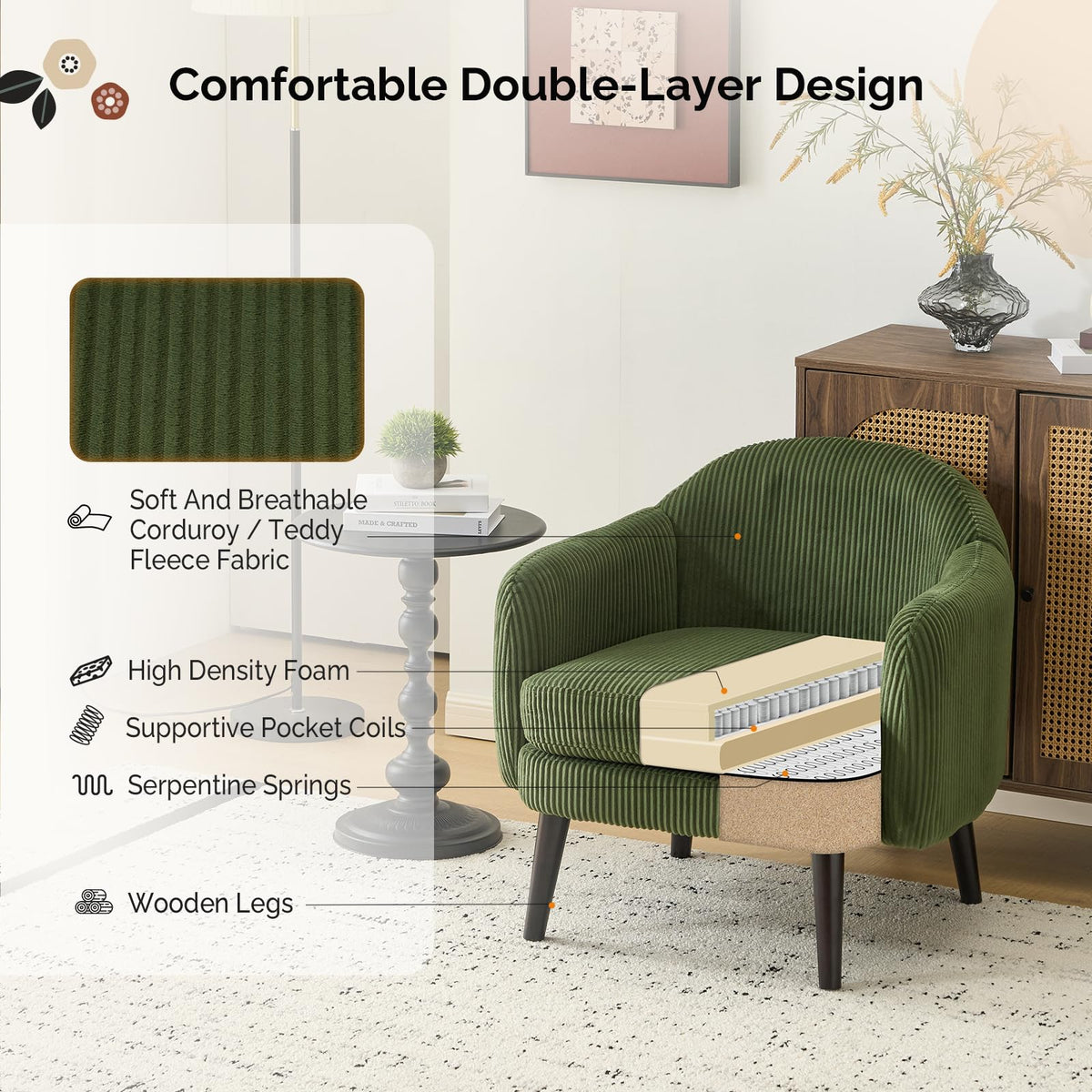Green Corduroy Accent Armchairs Set of 2 I375