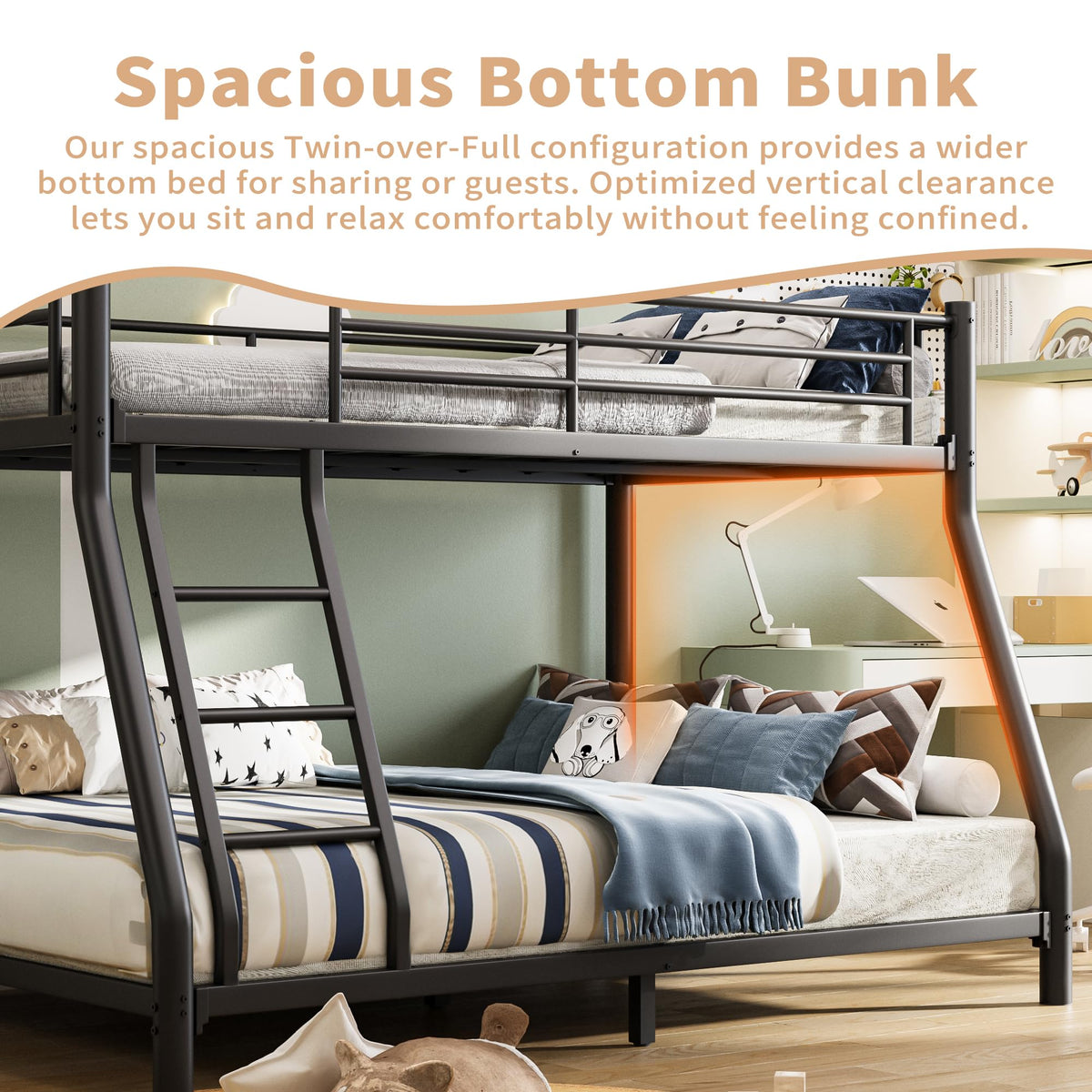 Twin Over Full Size Bunk Bed with Guardrail & Ladder W931668