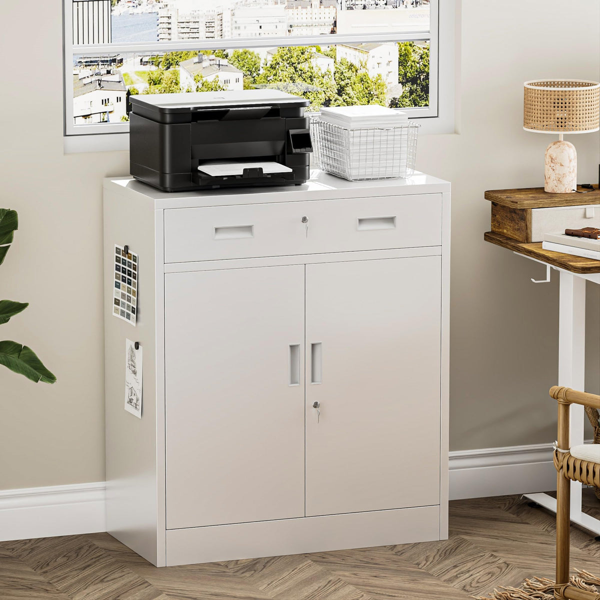 White Steel Lockable Storage Cabinet with Drawer and Adjustable Shelves Z163