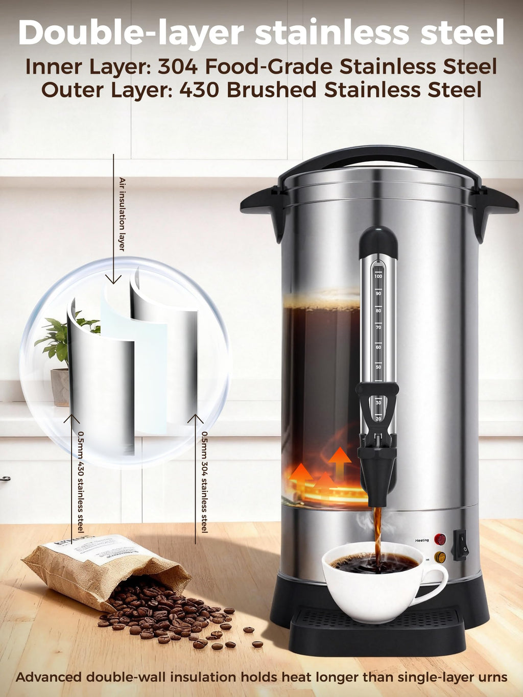 100-Cup Commercial Coffee Urn 15L Stainless Steel Percolator Y95993