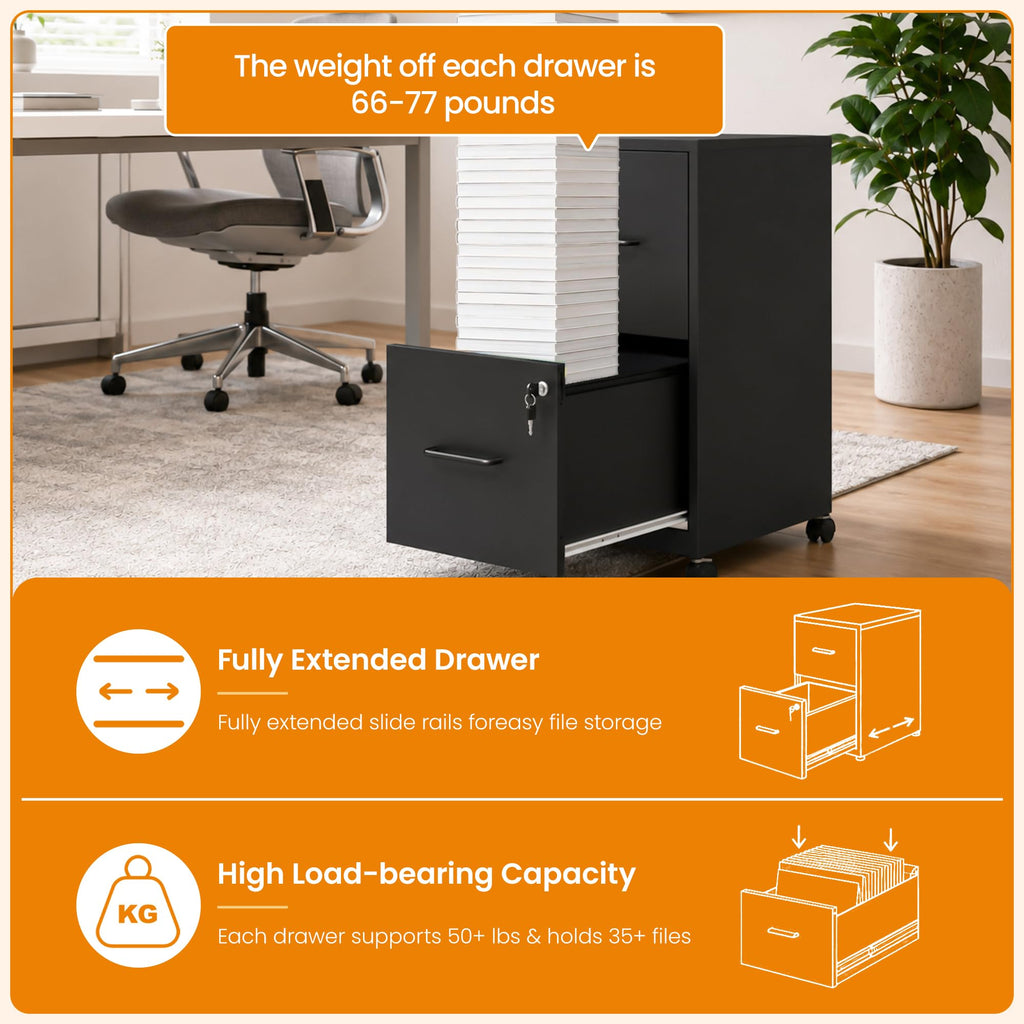Black 2 Drawer Metal File Cabinet with Wheels and Lock C6947